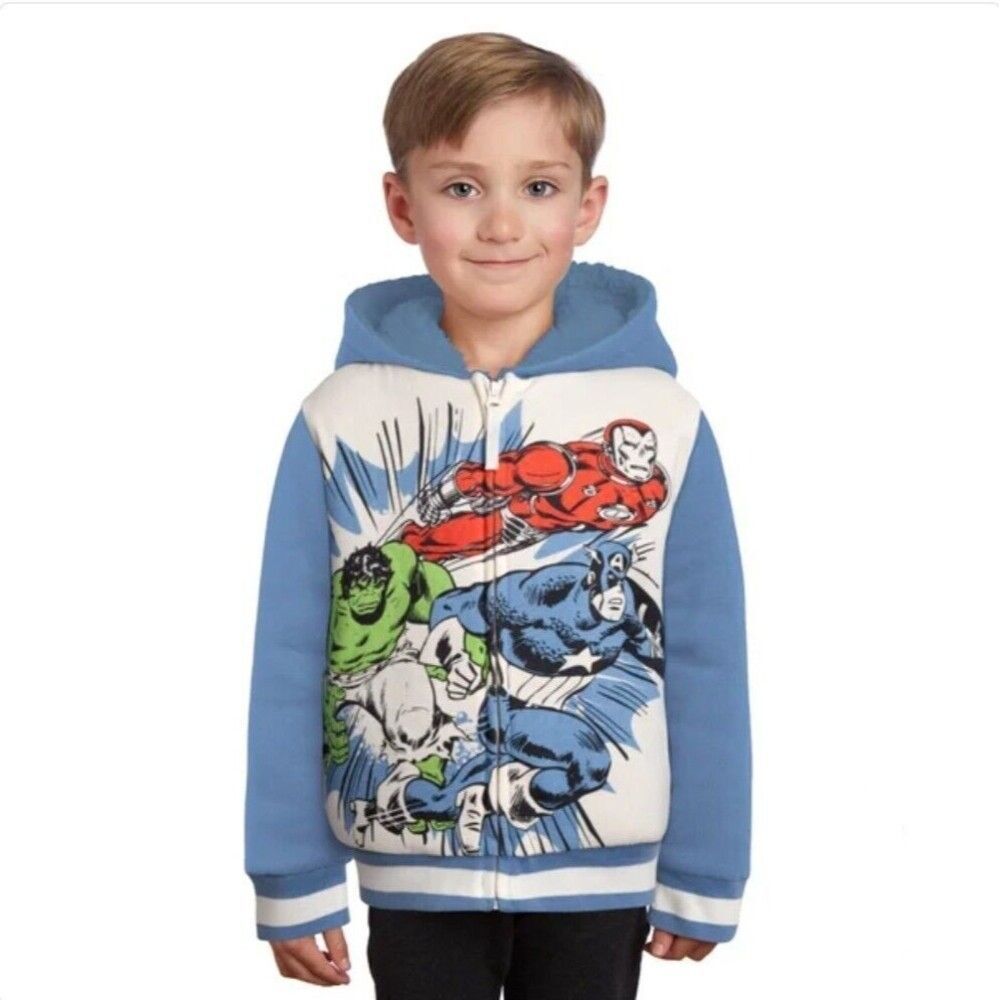 Marvel Hulk Captain America Iron Man Boy's 3T Full Zip Plush Sherpa Hoodie Blue